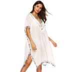 Damen Strandkaftan mit buntem Quastenrand R&B