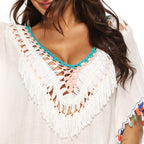 Damen Strandkaftan mit buntem Quastenrand R&B