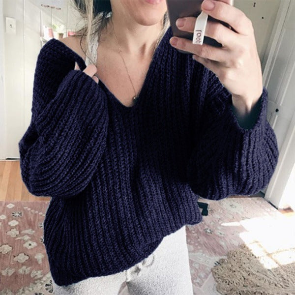 Damen Grobstrickpullover mit lässigem V-Ausschnitt und weiten Ärmeln R&B