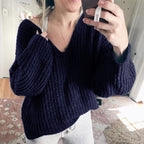 Damen Grobstrickpullover mit lässigem V-Ausschnitt und weiten Ärmeln R&B