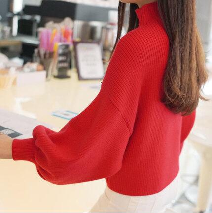 Damen Pullover mit voluminösen Ärmelabschlüssen und hohem Kragen R&B