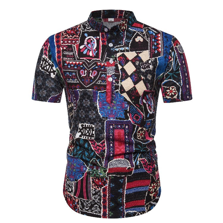 Herren Kurzarmhemd mit buntem Patchwork-Muster