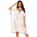 Damen Strandkaftan mit buntem Quastenrand R&B