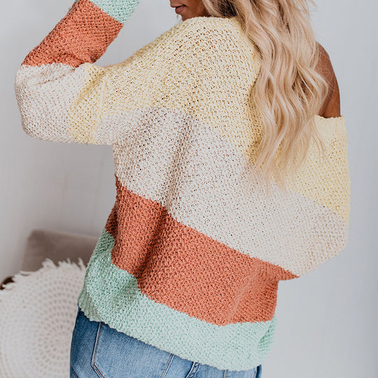 Damen Lässiger Strickpullover mit buntem Farbblockdesign und weitem Schnitt R&B