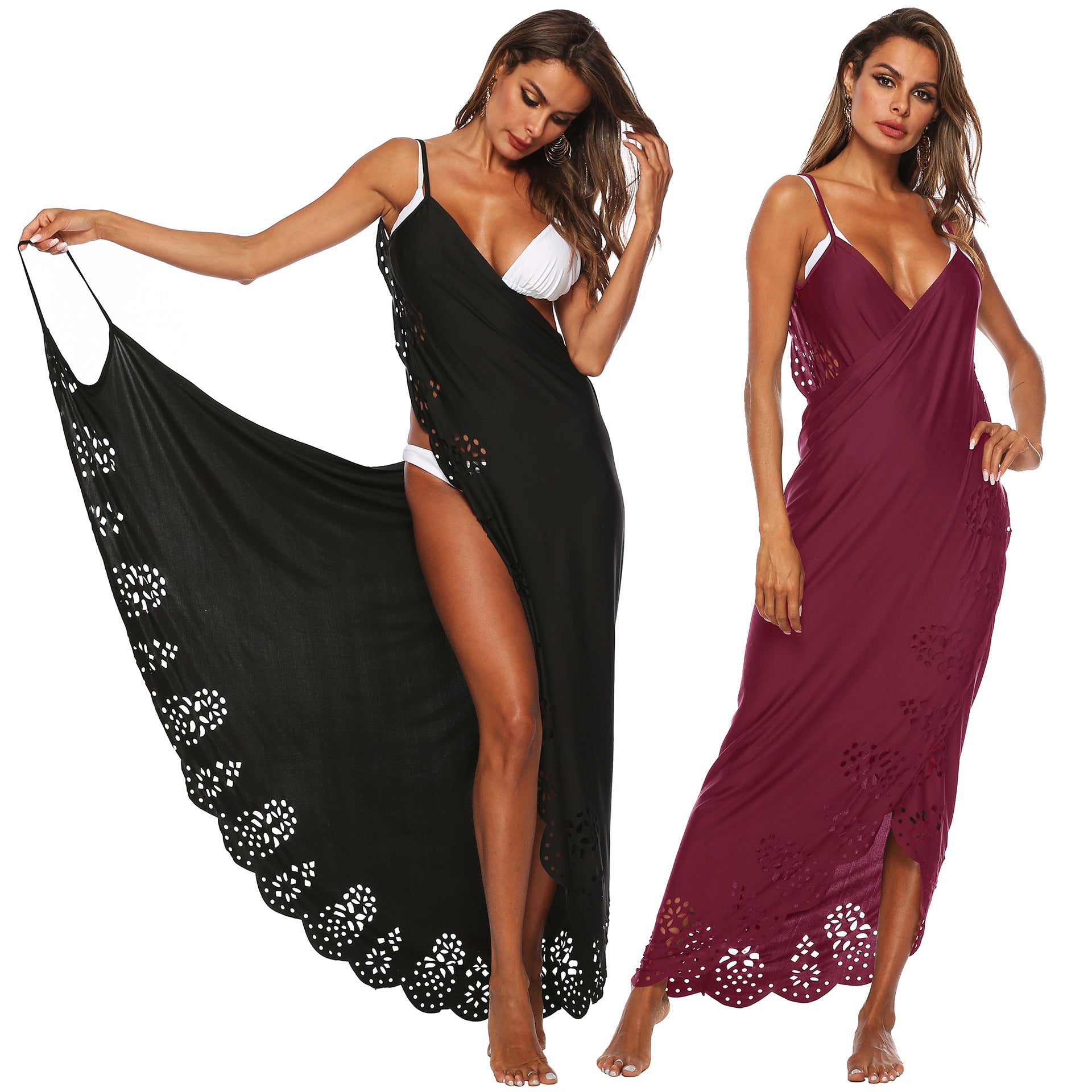 Damen elegantes Maxikleid mit filigranem Lochmuster R&B