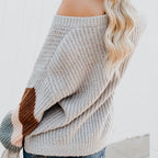 Damen eleganter V-Ausschnitt Strickpullover mit kontrastierenden Ärmeln R&B