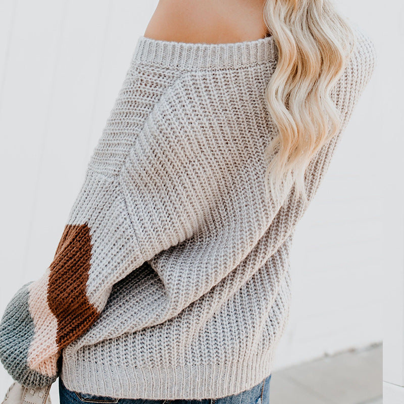 Damen eleganter V-Ausschnitt Strickpullover mit kontrastierenden Ärmeln R&B