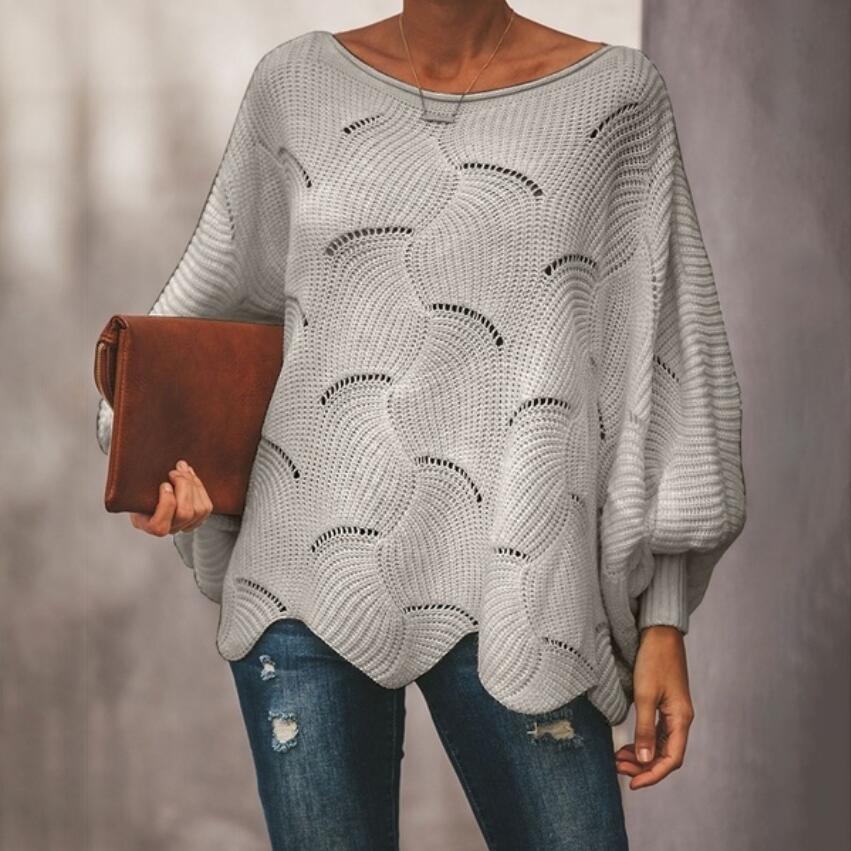 Damen Oversize Strickpullover mit romantischem Wellenmuster R&B