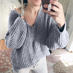 Damen Grobstrickpullover mit lässigem V-Ausschnitt und weiten Ärmeln R&B