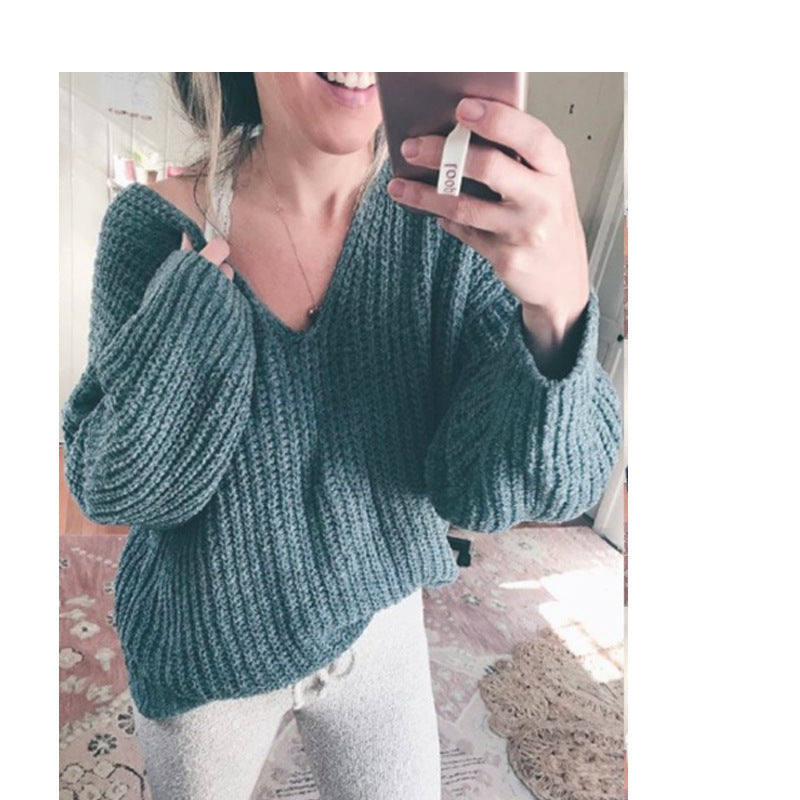 Damen Grobstrickpullover mit lässigem V-Ausschnitt und weiten Ärmeln R&B