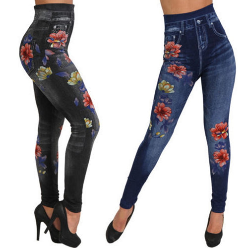 Damen High-Waist Jeansleggings mit floralen Applikationen R&B