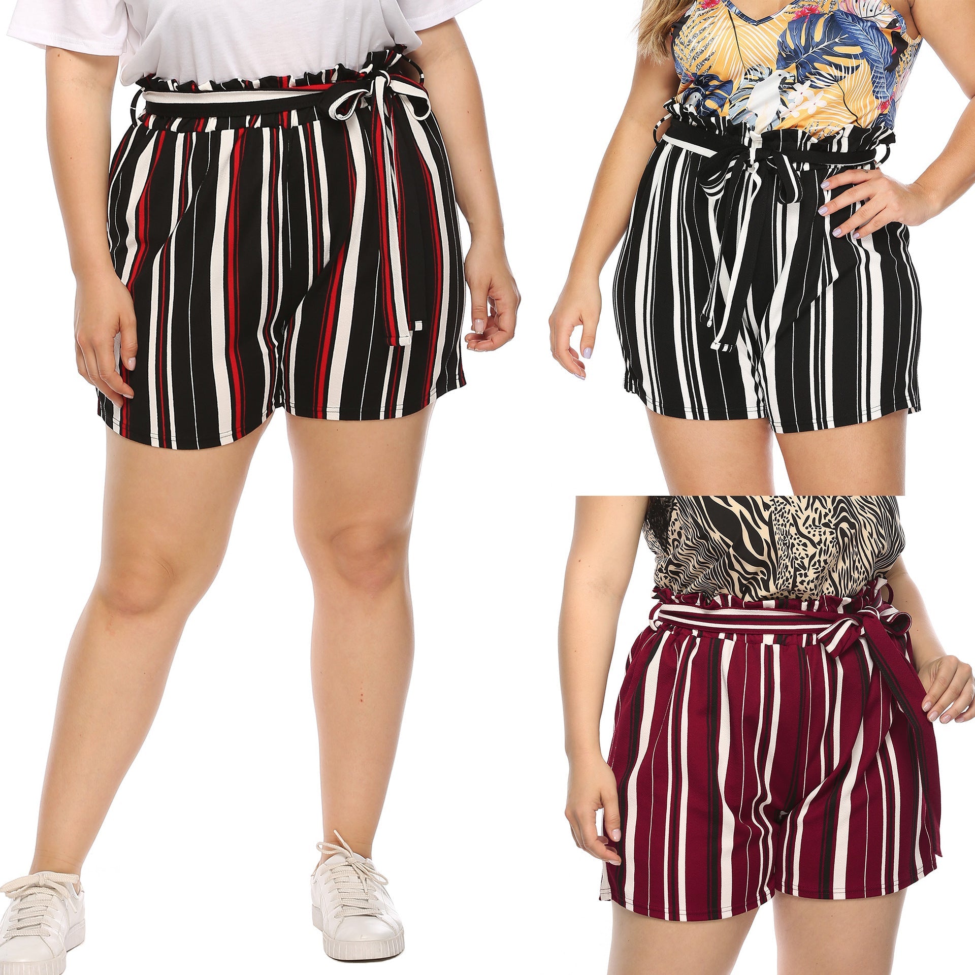Damen elegant geschnittene gestreifte Shorts mit dekorativem Bindegürtel R&B