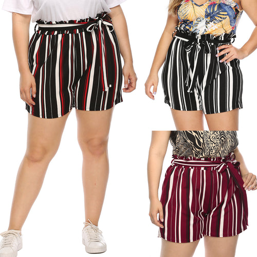 Damen elegant geschnittene gestreifte Shorts mit dekorativem Bindegürtel R&B