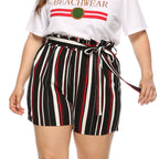 Damen elegant geschnittene gestreifte Shorts mit dekorativem Bindegürtel R&B