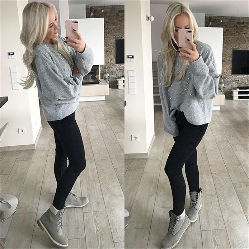 Damen modischer Strickpullover mit Perlendekoren und lässigem Schnitt R&B