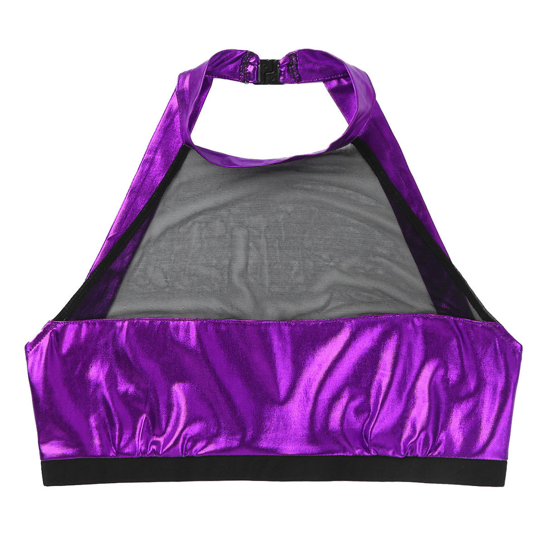 Damen Sportlicher Crop-Top aus glänzendem Material mit dekorativen Rüschen R&B