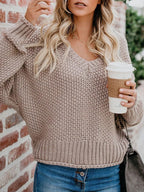 Damen lässiger Strickpullover mit V-Ausschnitt und weitem Schnitt R&B