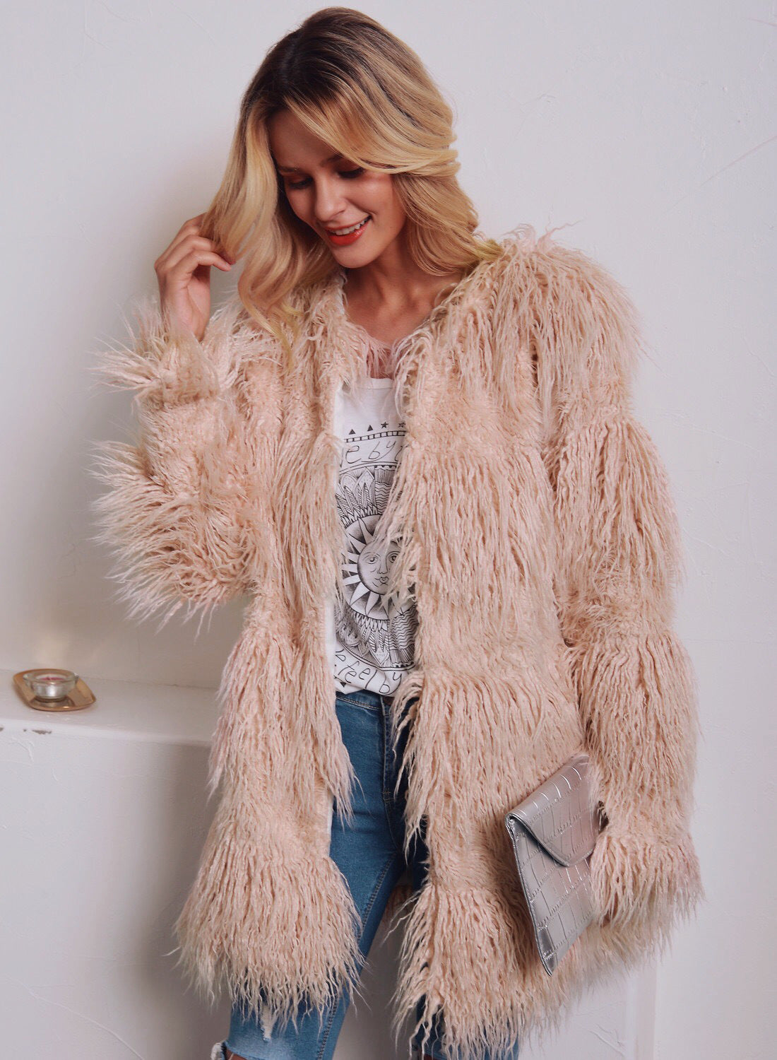 Damen Kuschelige Langhaarjacke mit strukturiertem Design R&B