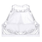 Damen Sportlicher Crop-Top aus glänzendem Material mit dekorativen Rüschen