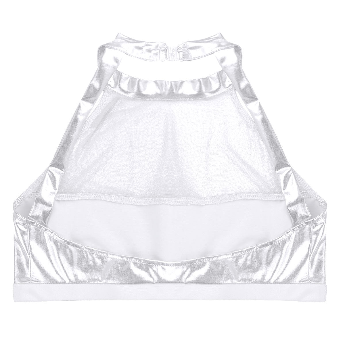 Damen Sportlicher Crop-Top aus glänzendem Material mit dekorativen Rüschen