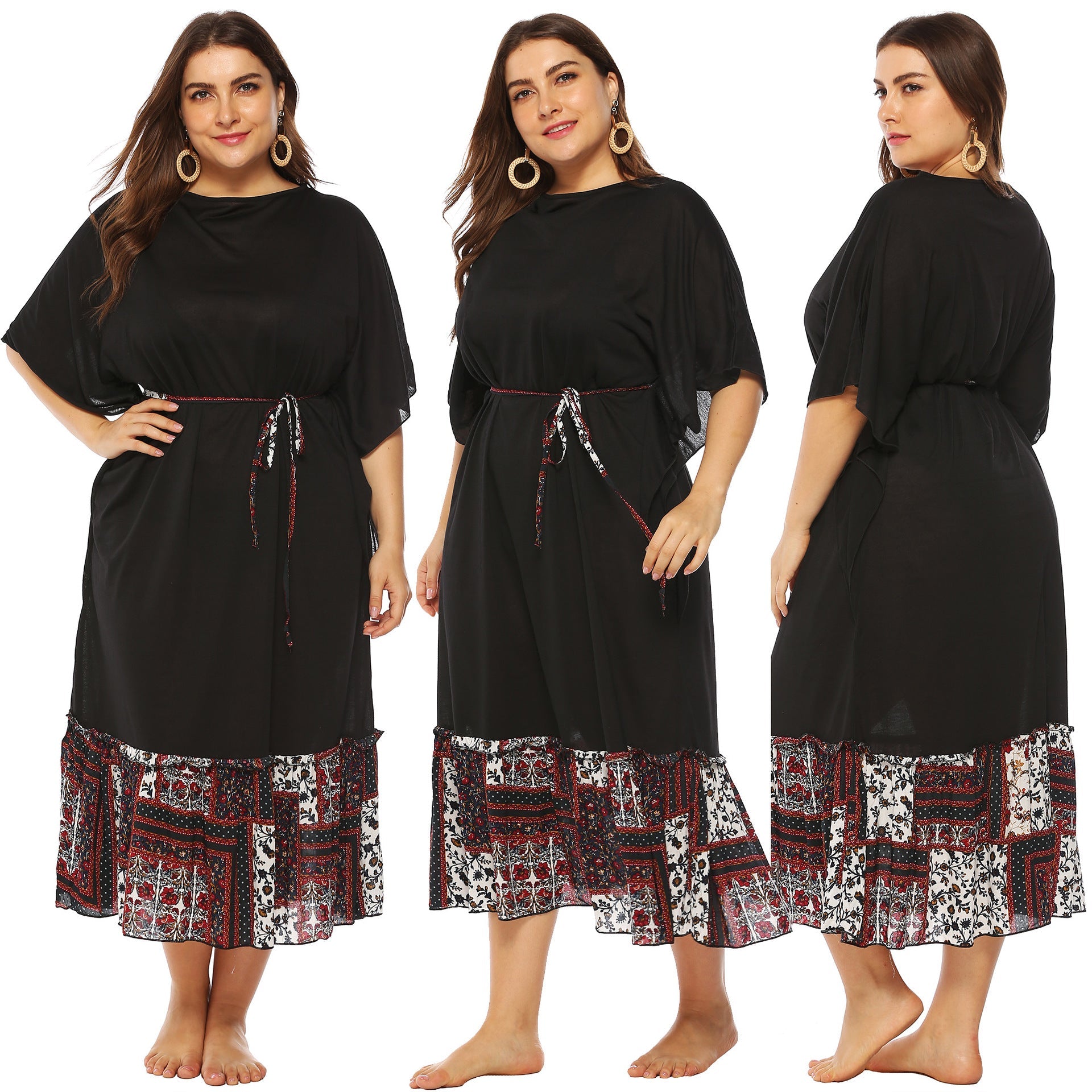 Damen Freizeitkleid mit dekorativer Taillenschnürung und floralen Akzenten R&B