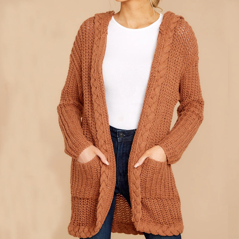 Damen lässige Strickjacke mit Kapuze und strukturiertem Design R&B