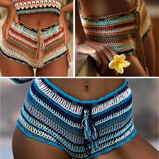 Damen Häkelstrandshorts mit verstellbarem Bund und einzigartigem Streifenmuster R&B