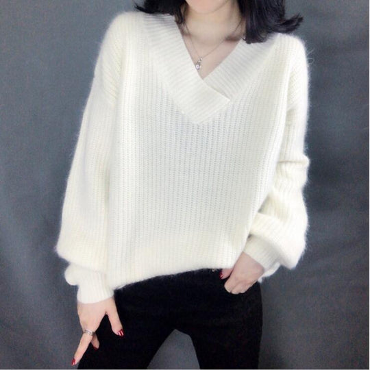 Damen Strickpullover im lässigen Oversized-Stil mit V-Ausschnitt R&B
