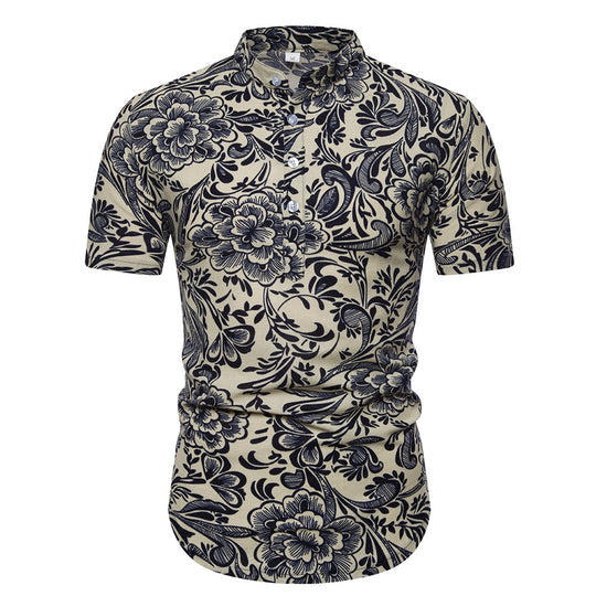 Herren Kurzarmhemd mit floralem Druck und modernem Stehkragen R&B