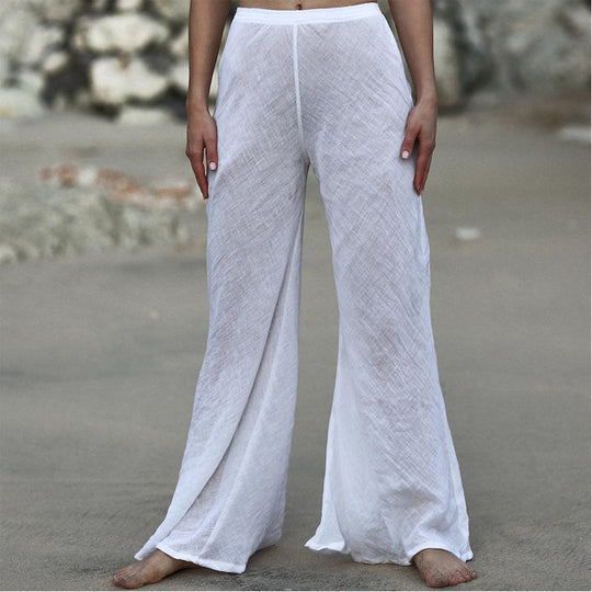 Damen Luftige Leinenhose mit breitem Beinausschnitt und elastischem Bund R&B