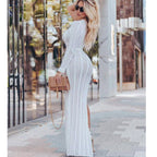 Damen raffinierter Strickmaxikleid mit einem Schulterdesign und hohem Schlitz R&B