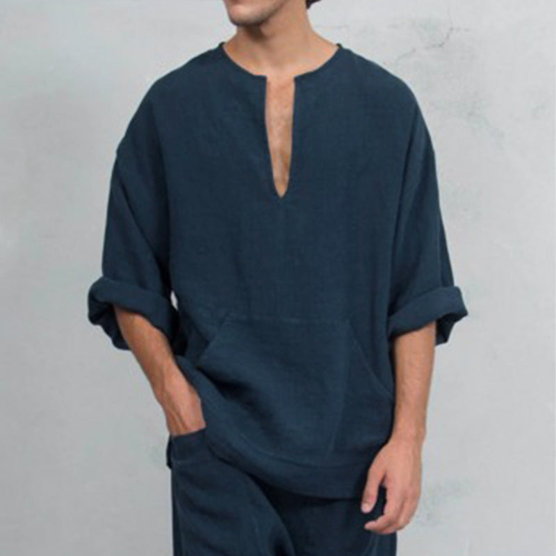 Herren lässiges Leinenoberteil mit Henley-Ausschnitt und praktischer Kängurutasche R&B