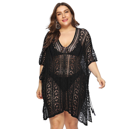 Damen luftiger Häkel-Strandüberwurf mit elegantem V-Ausschnitt R&B