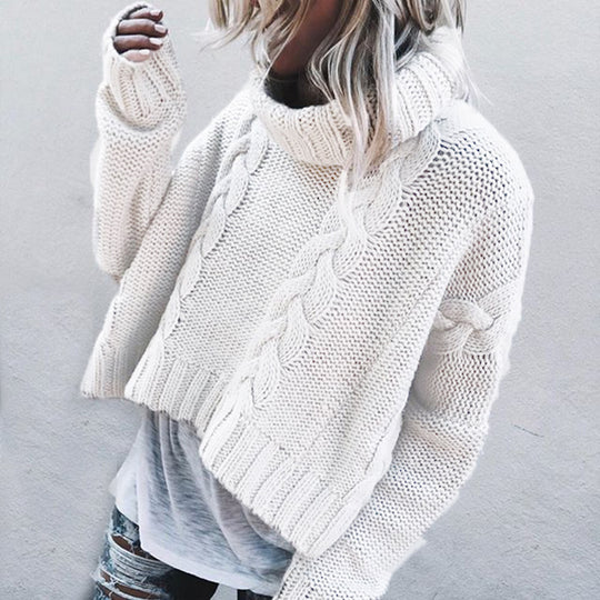Damen Grobstrickpullover mit hohem Kragen und einzigartigem Zopfmuster R&B