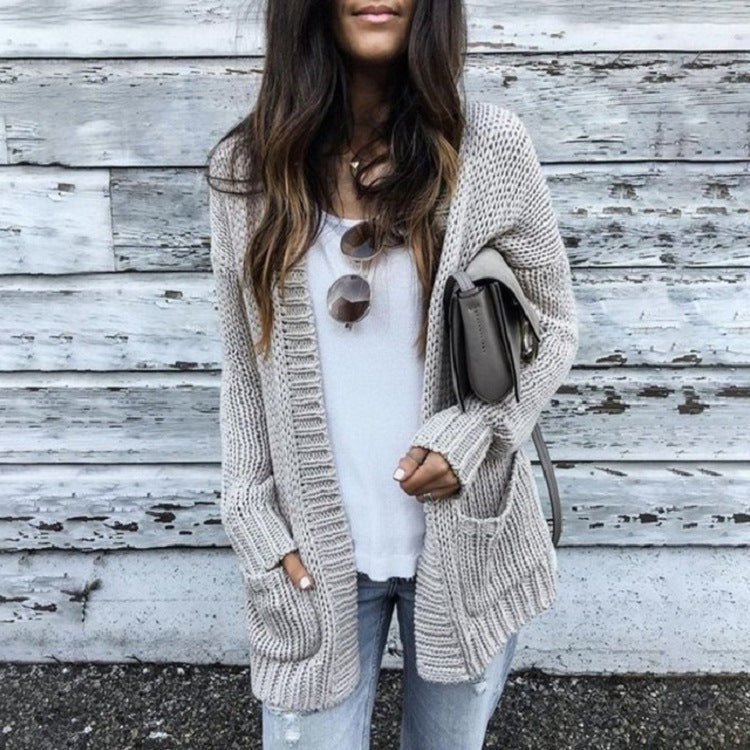 Damen gemütliche Strickjacke mit offenen Fronten und dekorativen Taschen R&B