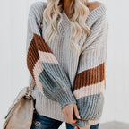 Damen eleganter V-Ausschnitt Strickpullover mit kontrastierenden Ärmeln R&B