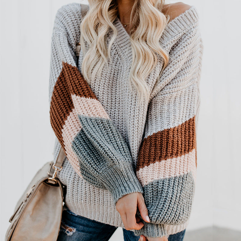 Damen eleganter V-Ausschnitt Strickpullover mit kontrastierenden Ärmeln R&B