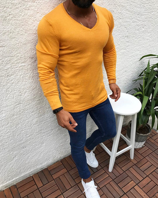 Herren elegantes Langarmshirt mit V-Ausschnitt und figurbetontem Schnitt R&B