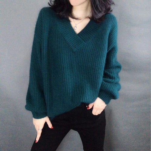 Damen Strickpullover im lässigen Oversized-Stil mit V-Ausschnitt R&B