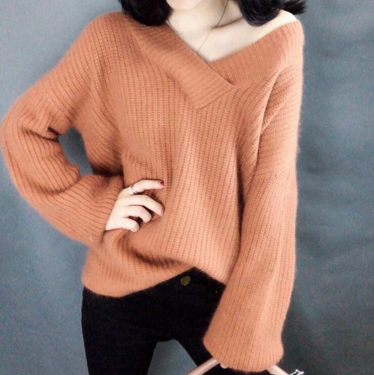 Damen Strickpullover im lässigen Oversized-Stil mit V-Ausschnitt R&B