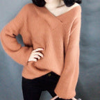 Damen Strickpullover im lässigen Oversized-Stil mit V-Ausschnitt R&B