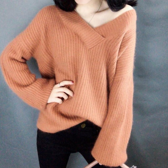 Damen Strickpullover im lässigen Oversized-Stil mit V-Ausschnitt R&B
