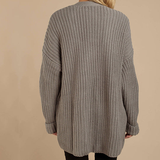 Damen Grob gestrickte Kuscheljacke mit tiefem V-Ausschnitt und lässigem Schnitt R&B