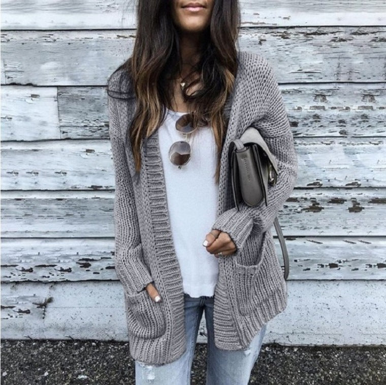 Damen gemütliche Strickjacke mit offenen Fronten und dekorativen Taschen R&B