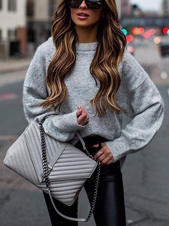Damen lässiger Pullover mit ballonförmigen Ärmeln und elegantem Schnitt R&B