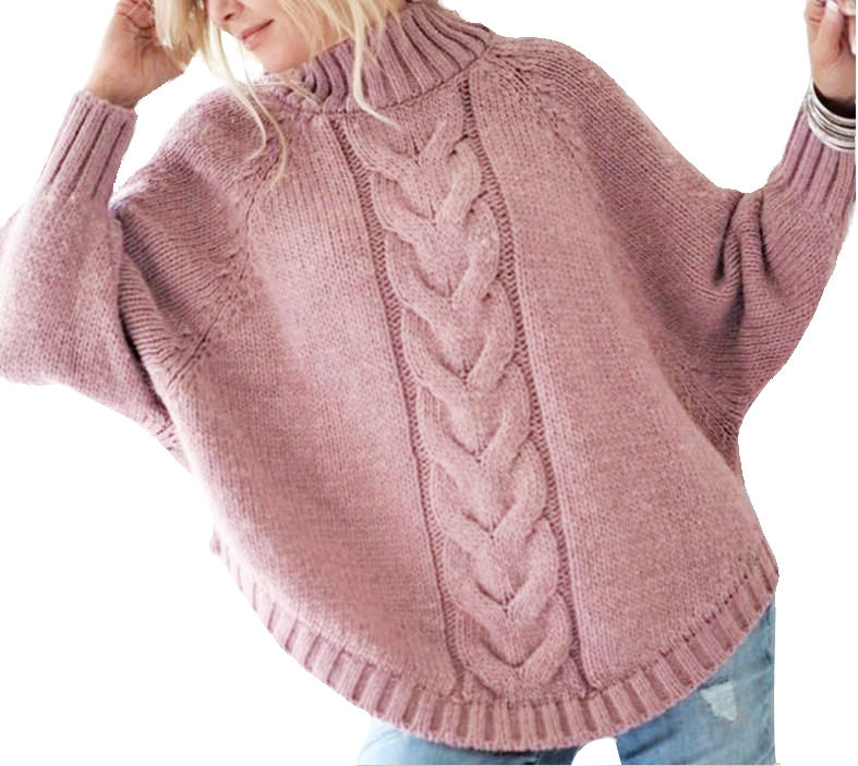 Damen Grobstrick Pullover mit hohem Kragen und dekorativem Zopfmuster R&B