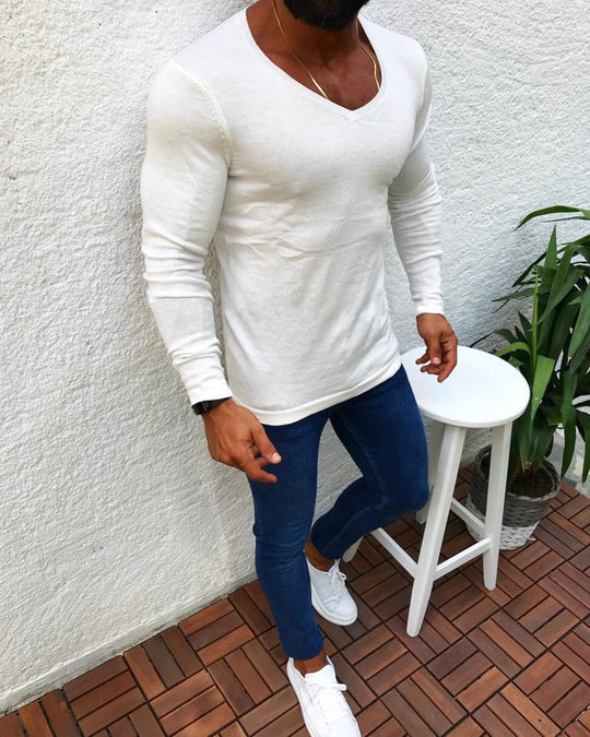 Herren figurbetontes Longsleeve aus Baumwolle mit V-Ausschnitt R&B