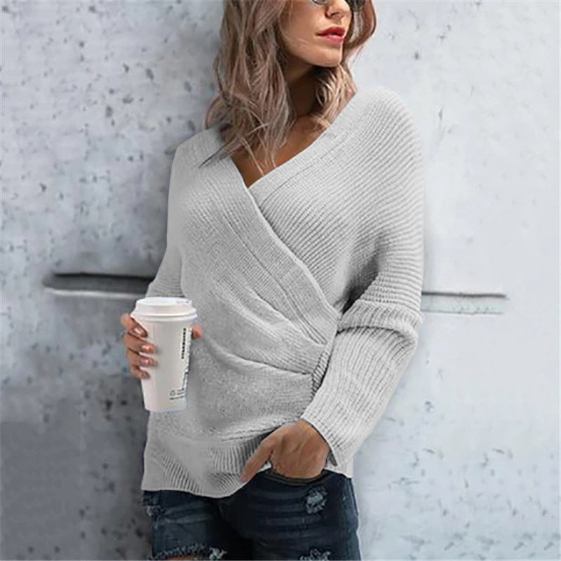Damen lässiger Wickelpullover mit V-Ausschnitt und strukturierter Maschenoptik R&B