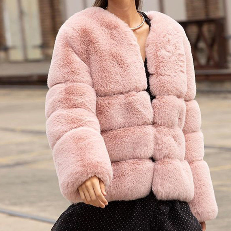 Damen Modische Kunstfelljacke mit voluminösen Puffärmeln und nahe des Halses schließendem Design R&B