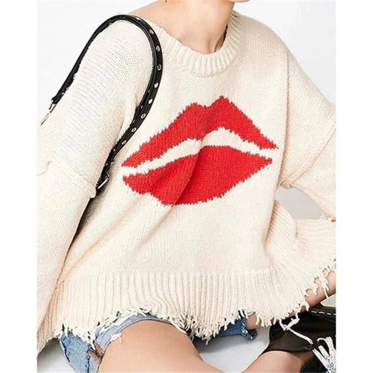 R&B | Sweatshirt Übergröße Passform Chunky Strick Lippenprint Fransen Saum